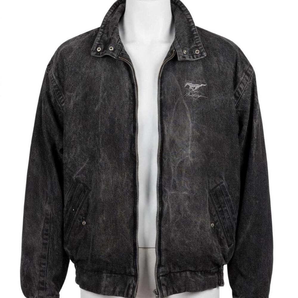 VTG 90s Ford Mustang Denim Jacket Mens XL Black Acid Wash Embroidered  Logo